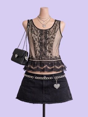 Vintage Y2K Loft Black Lace Peplum Top Nude Lined Size M Coquette Whimsygoth